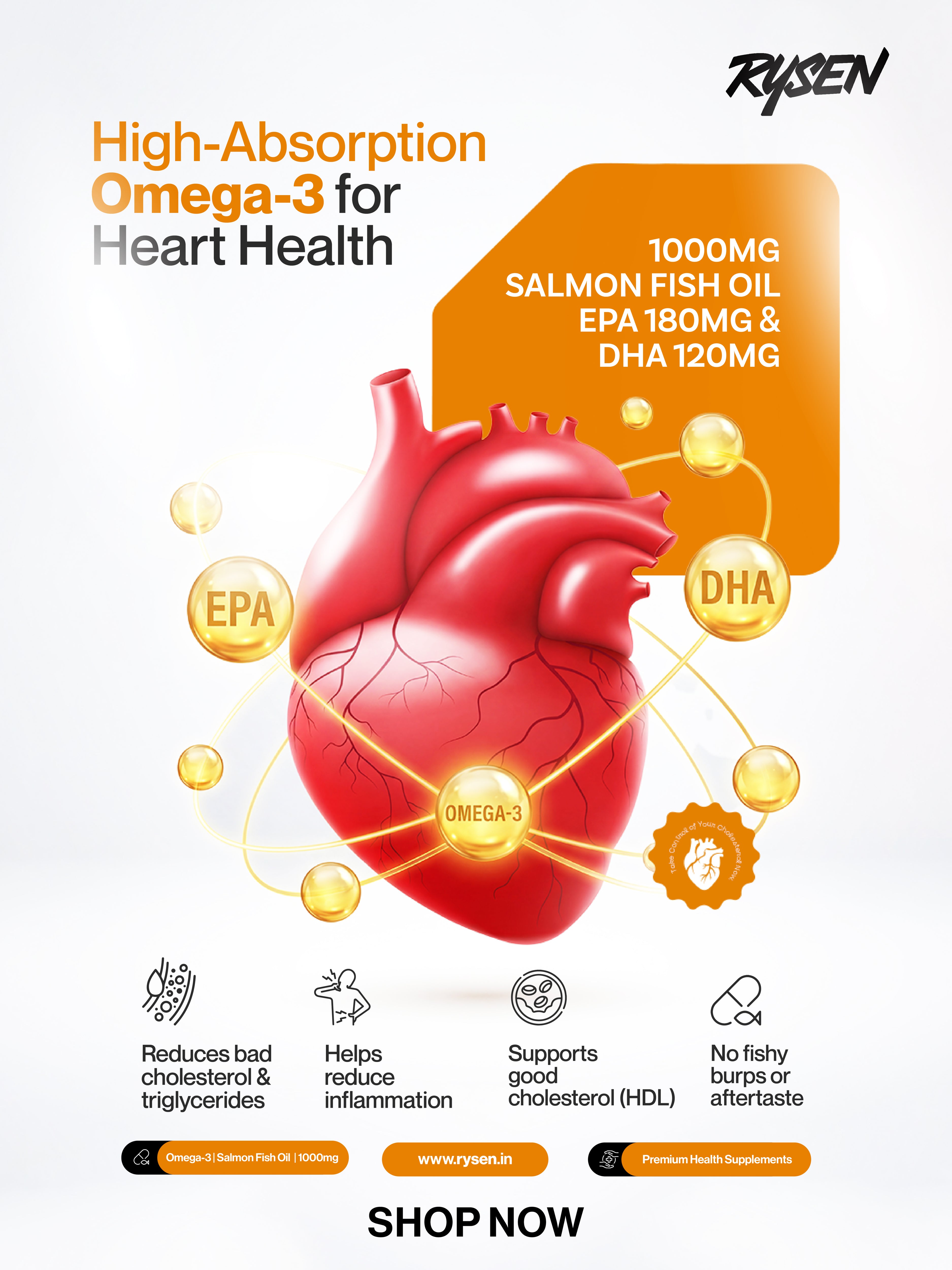 Rysen Omega 3 – 1000mg Fish Oil | Heart, Brain & Joint Support (60 Softgel Capsules)
