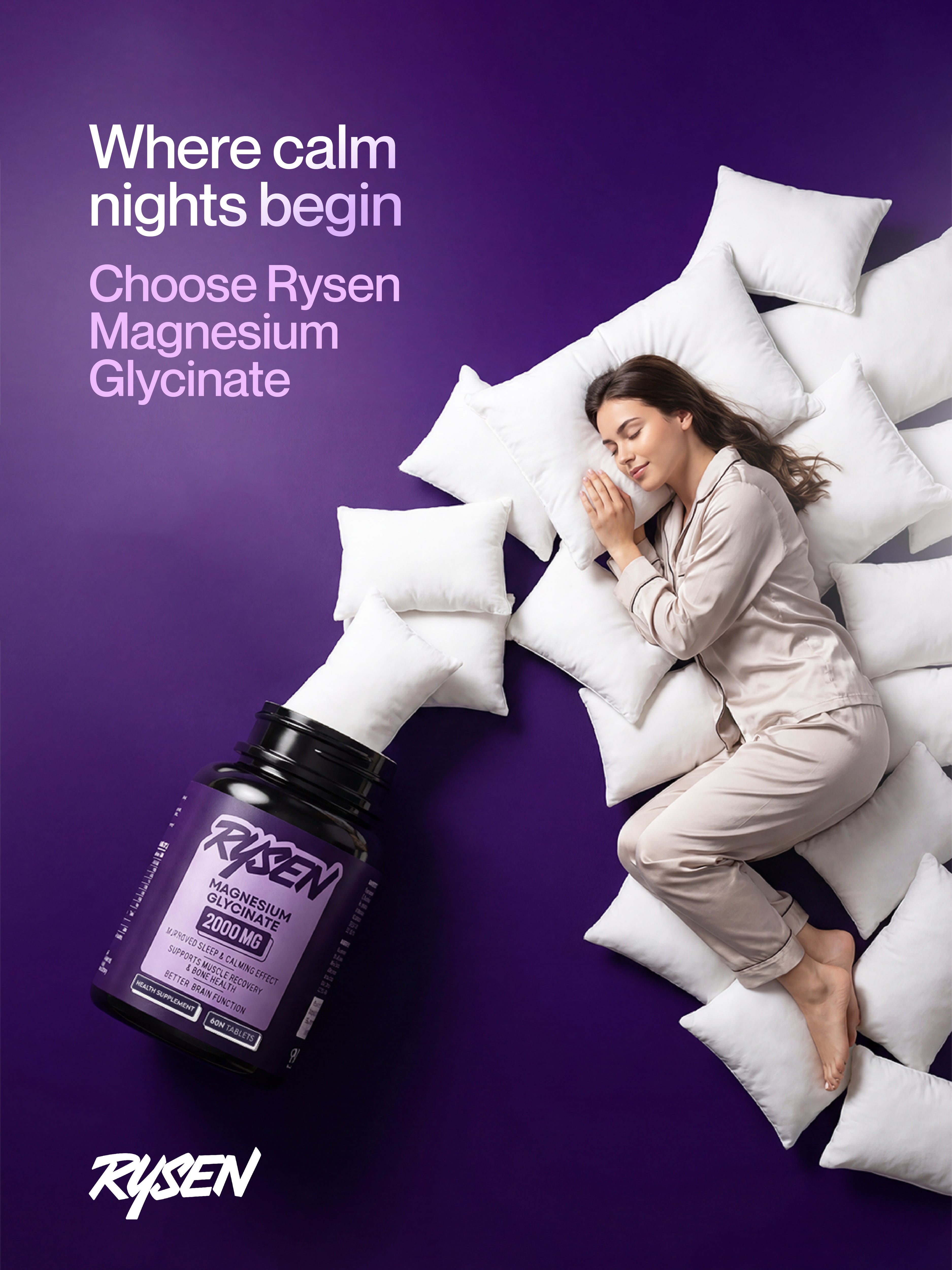 Rysen Magnesium Glycinate – 2000mg | Sleep, Muscle Recovery & Relax (60 Tablets)