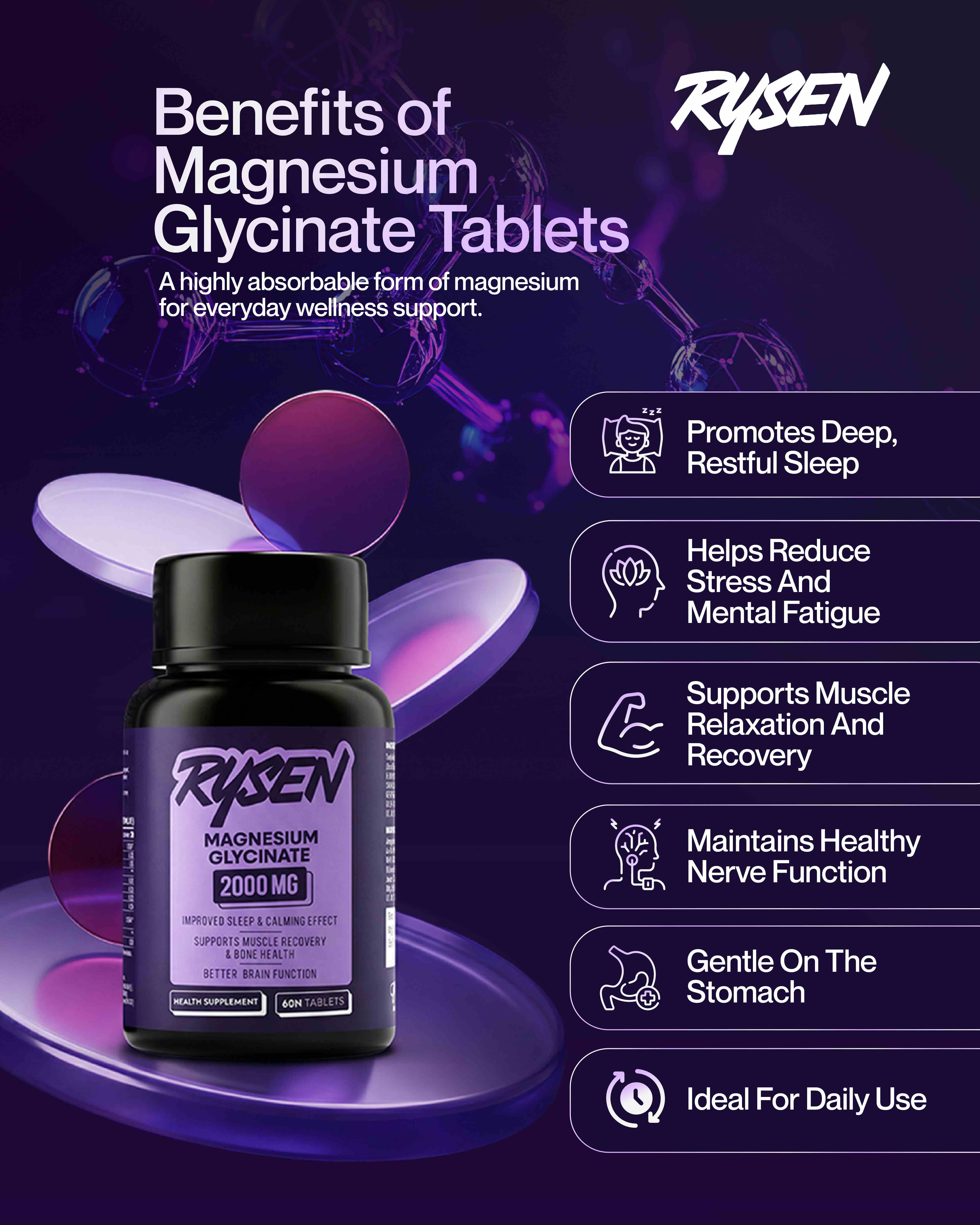 Rysen Magnesium Glycinate – 2000mg | Sleep, Muscle Recovery & Relax (60 Tablets)