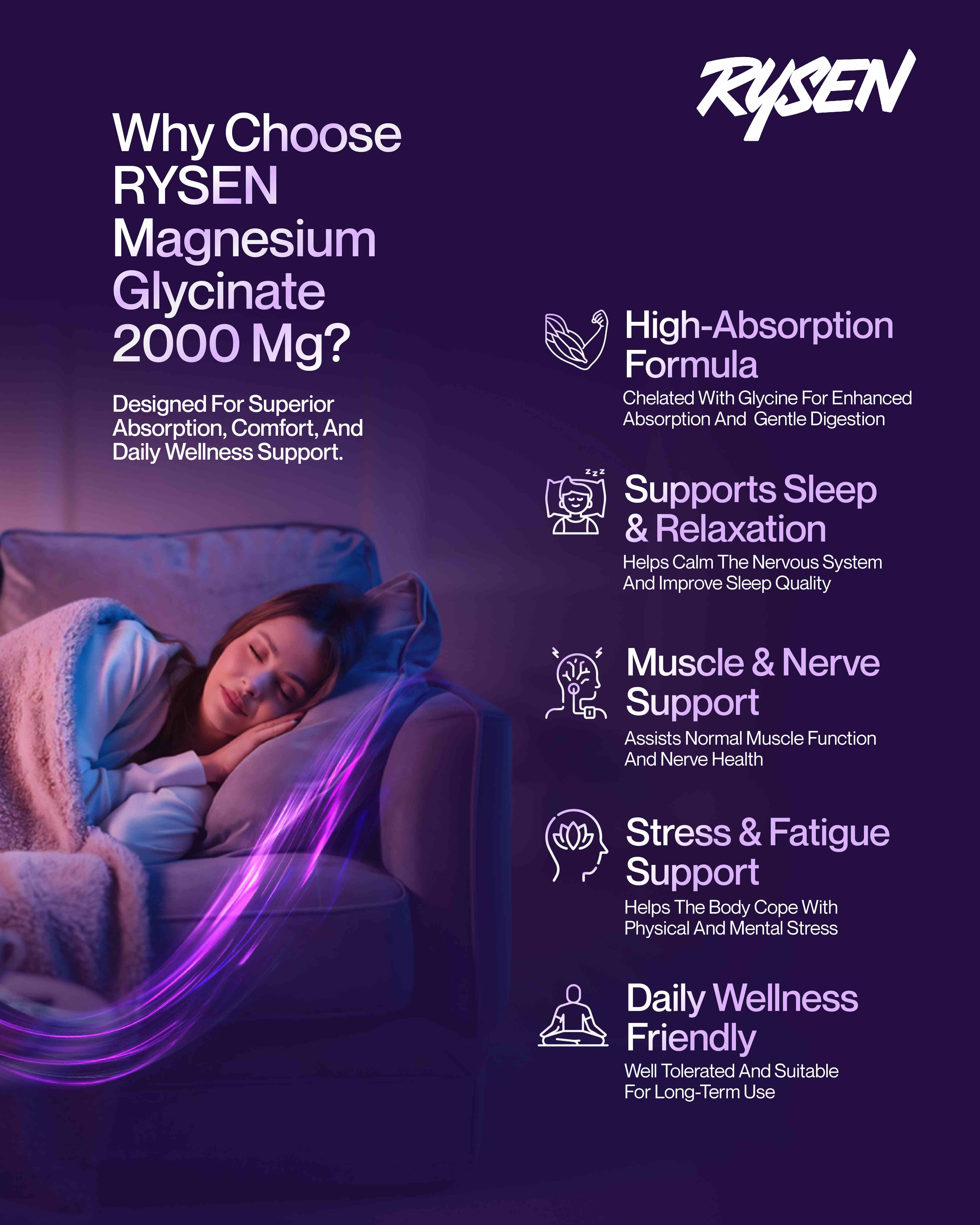 Rysen Magnesium Glycinate – 2000mg | Sleep, Muscle Recovery & Relax (60 Tablets)