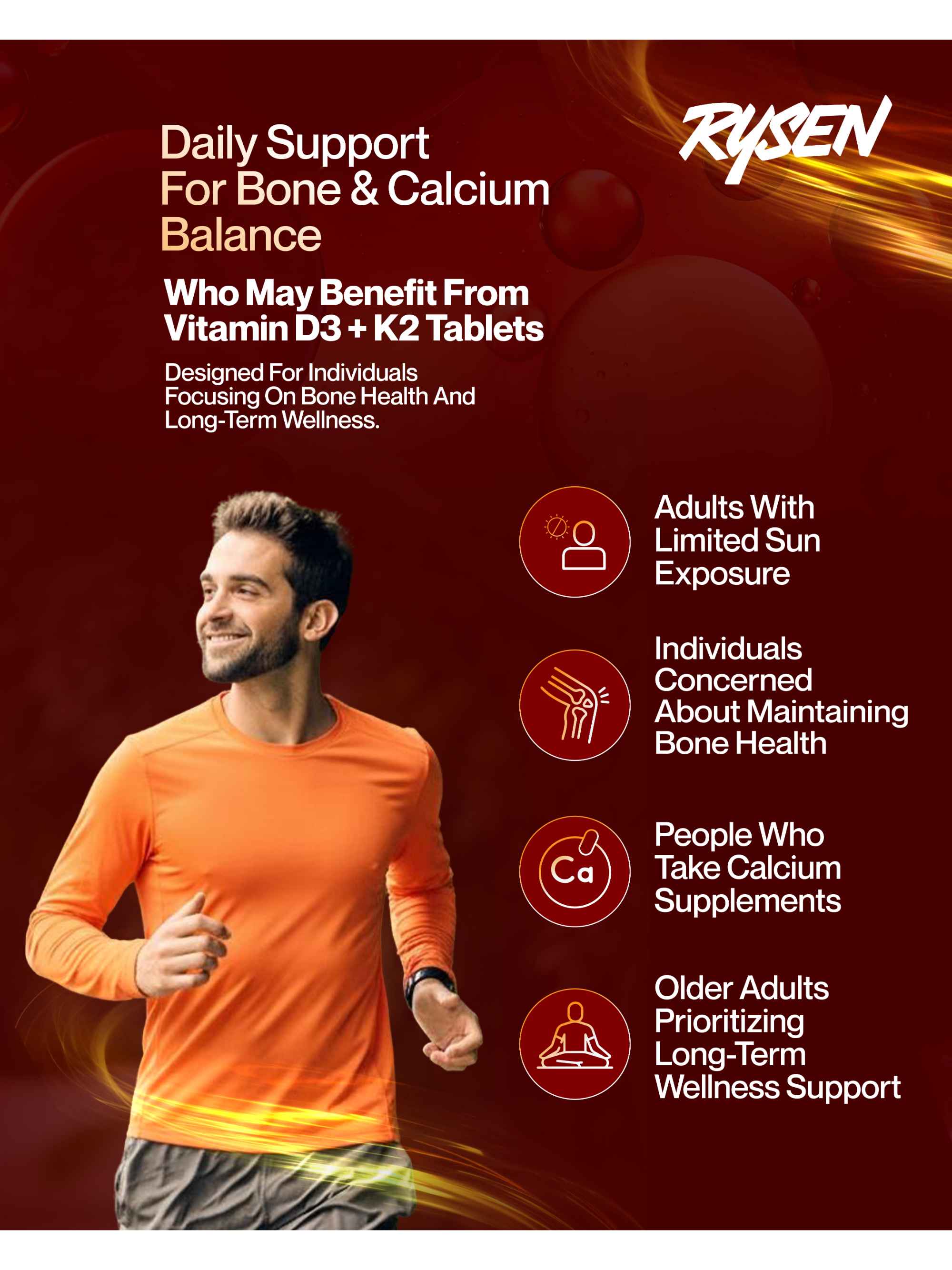 Rysen Vitamin D3 + K2 Tablets – Daily Bone Nutrition Supplement (120 Tablets)