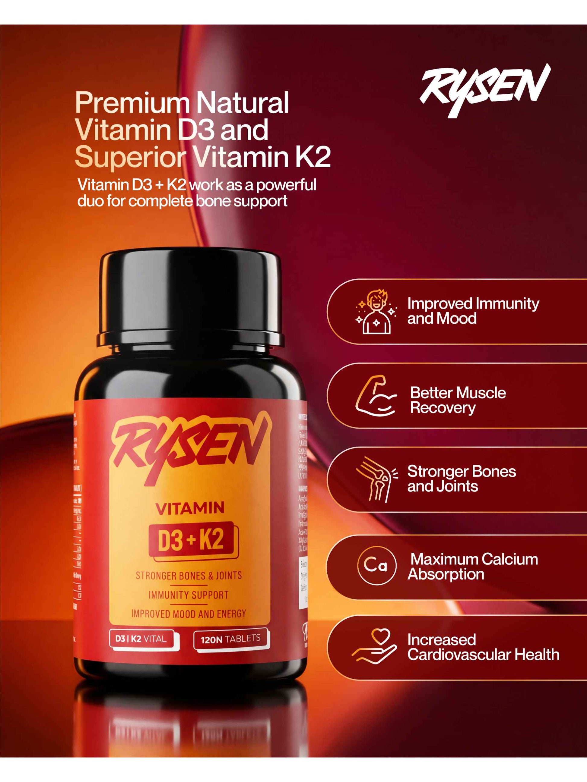 Vitamin D3 and K2 capsules twin bottle pack by Rysen