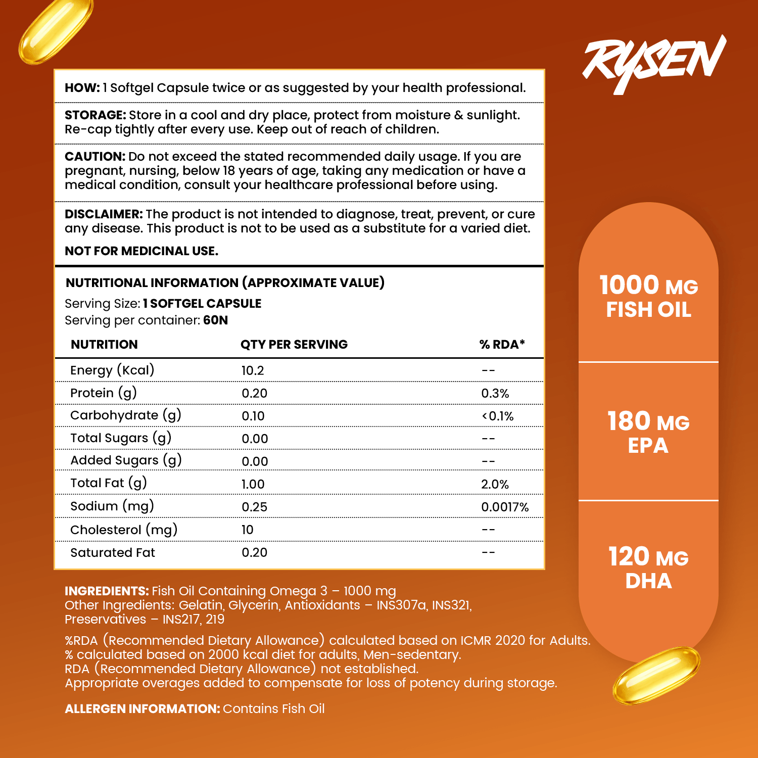 Ryseen fish oil supplement label with nutritional information and product details on an orange background.