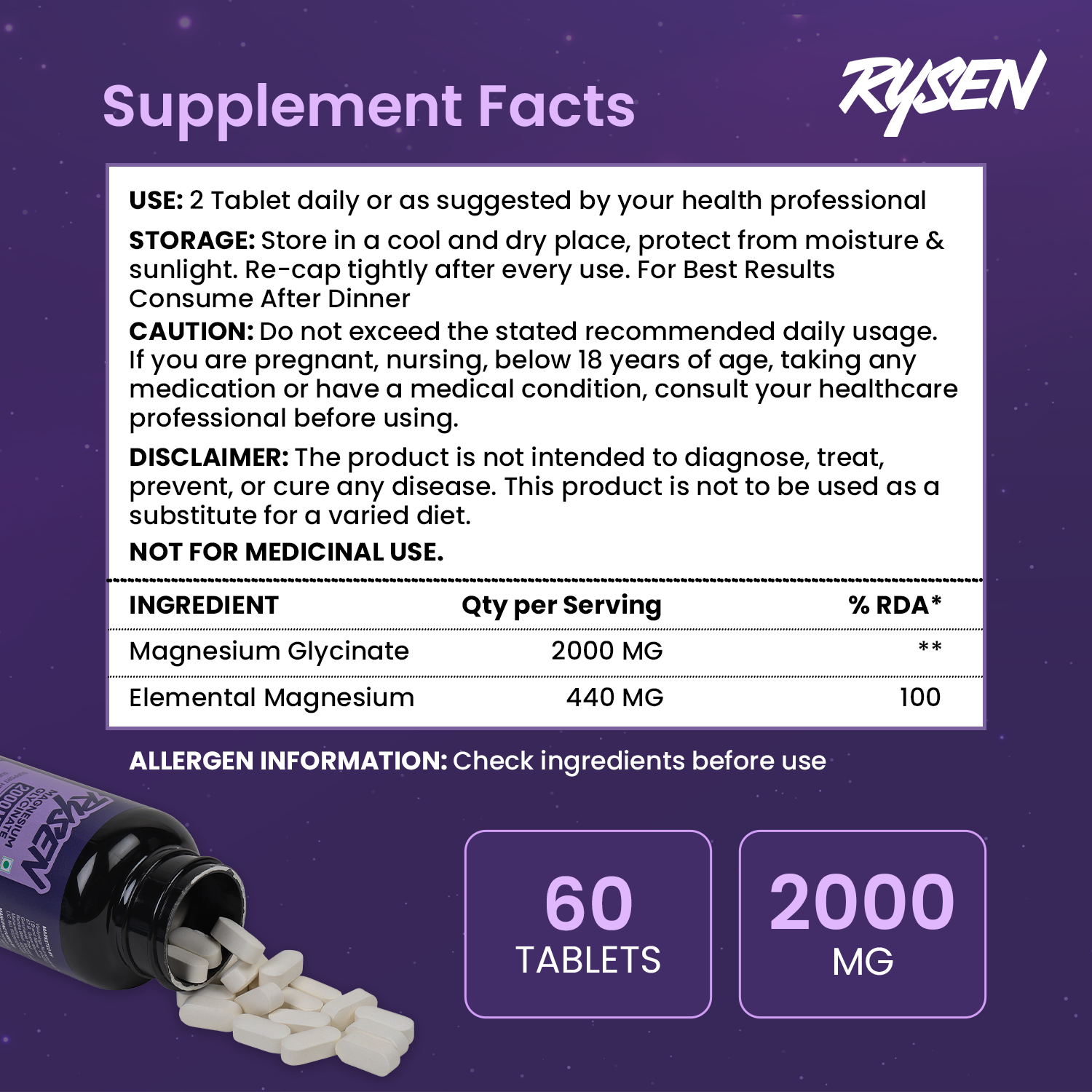 Rysen magnesium glycinate supplement facts g view – gentle on stomach daily supplement