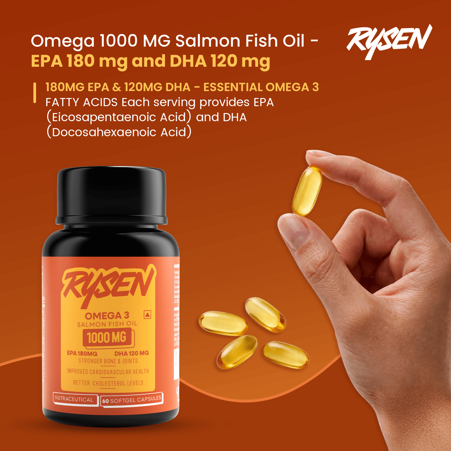 Rysen Omega 3 Salmon Fish Oil supplement bottle and capsules on an orange background