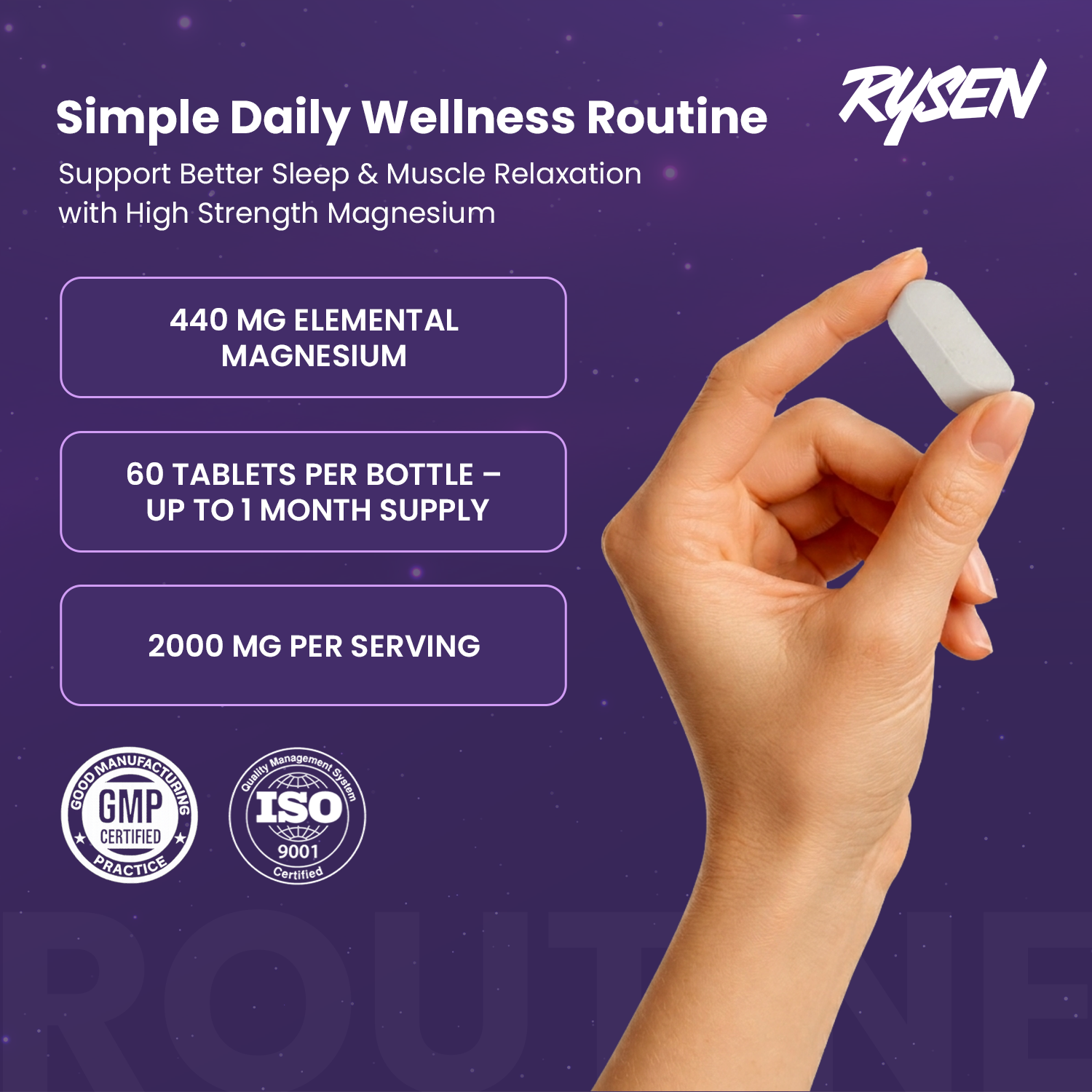Magnesium glycinate supplement label showing ingredients and benefits and mg